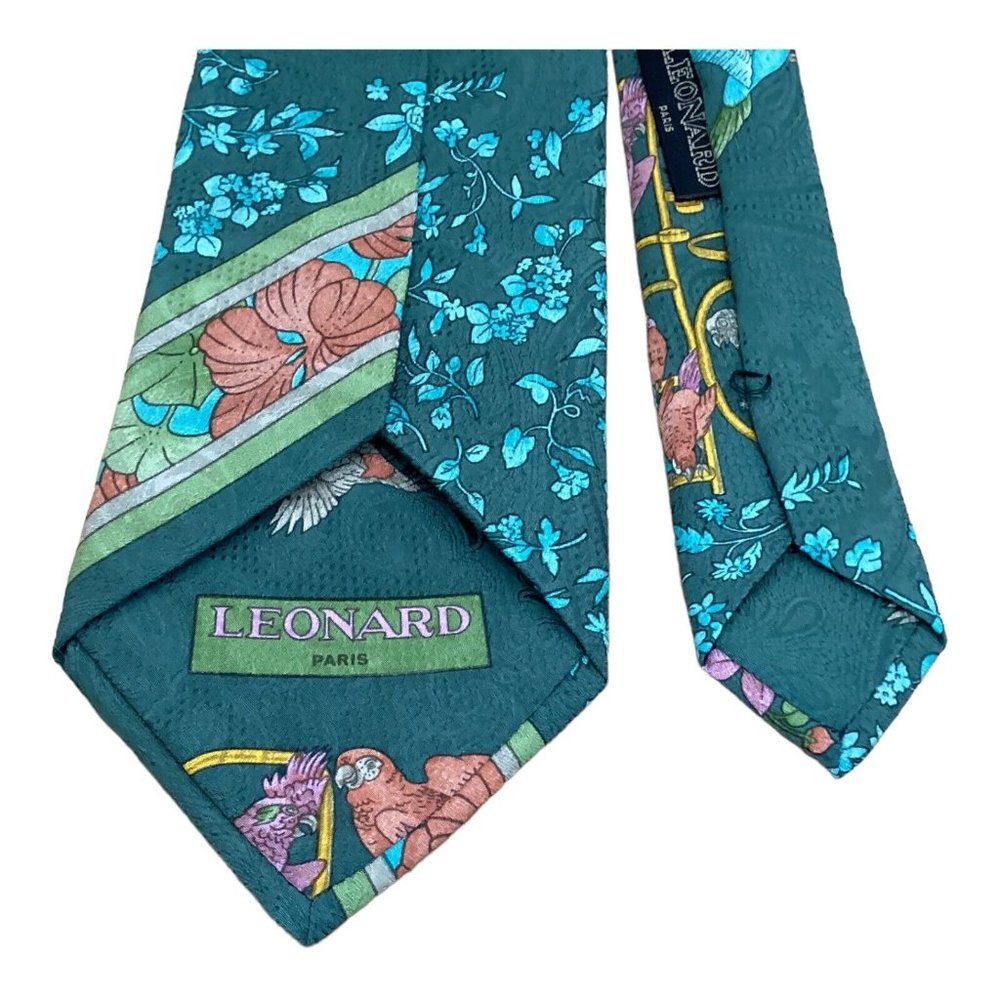 LEONARD Green Birds & Flowers Print Silk Tie Italy 57"-3.7" EC - Picture 4 of 6